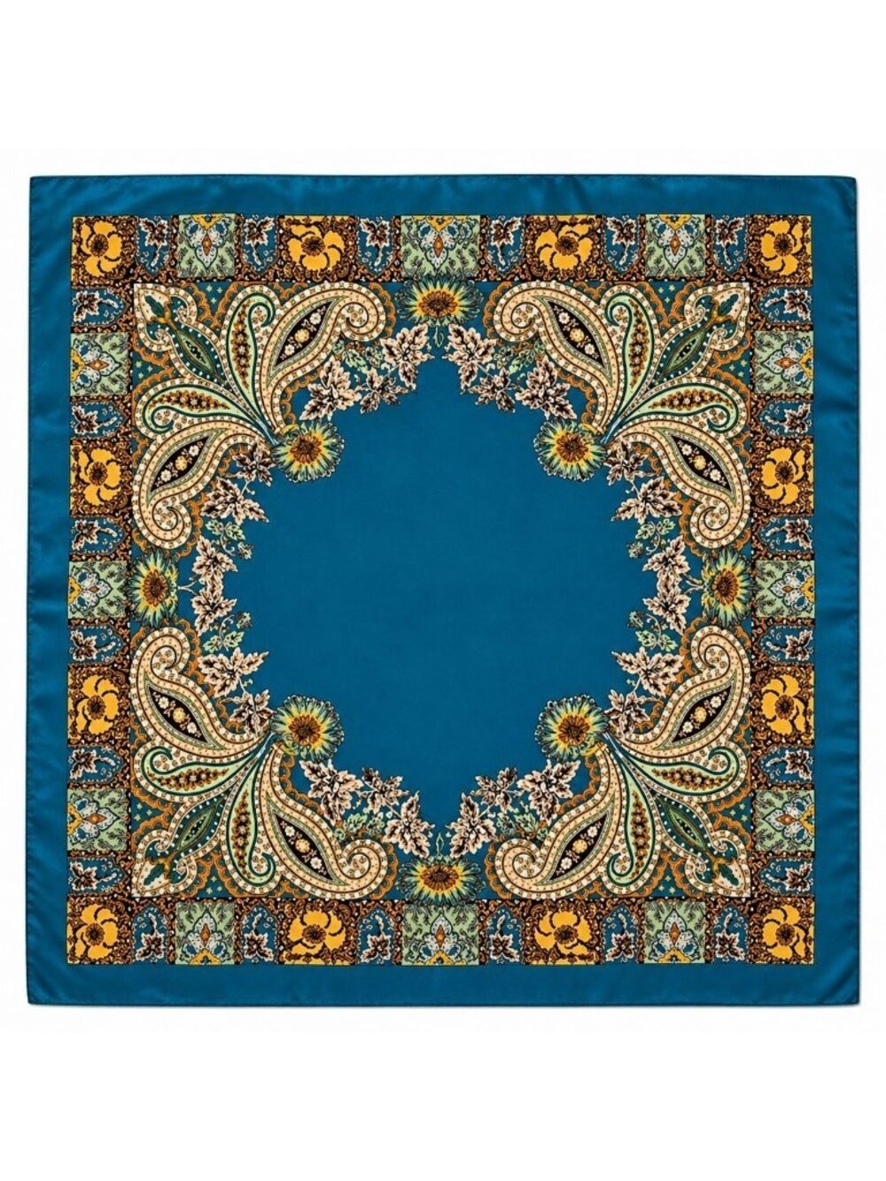 Luxury Paisley Floral Satin Scarf for Women – 35” Square Teal Blue Gold Sage
